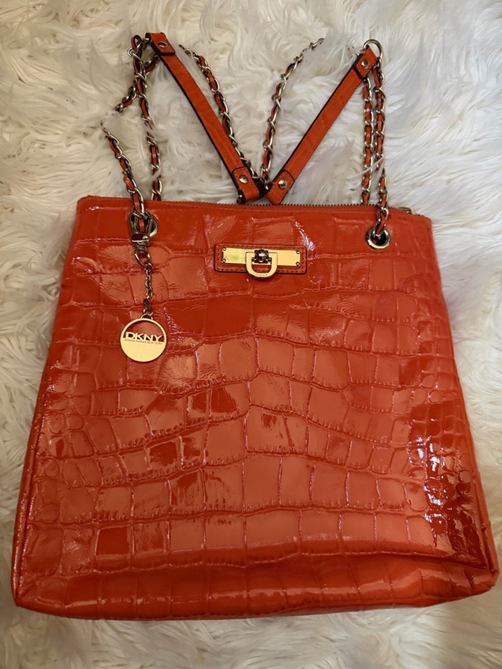 DKNY Orange Croc-Embossed Patent Leather Tote with Chain Straps NEW  no tags